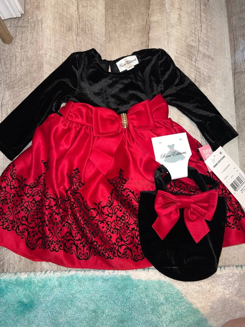 NEW Rare Editions Black and Red Velvet Bodice Holiday Dress with Bow and Bag